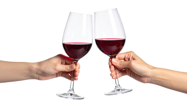 Two wine glasses being toasted, filled with red liquid
