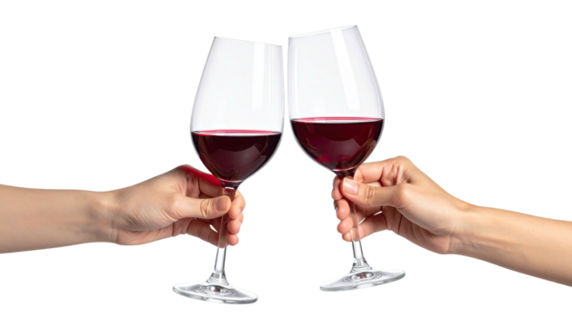 Two wine glasses being toasted, filled with red liquid