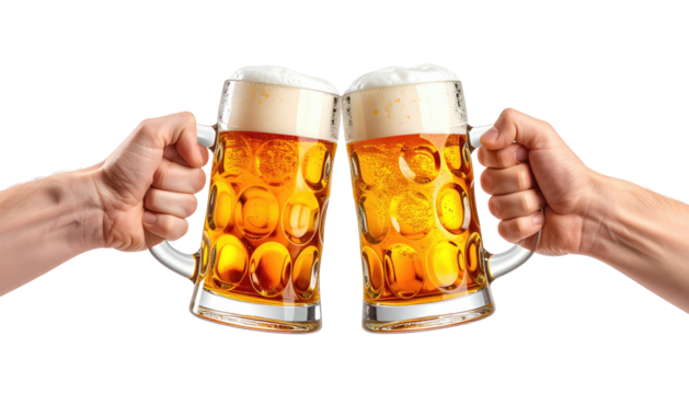 Two beers clink in celebration, frothy, transparent glass mugs