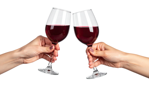 Wine glasses clinking, filled with red liquid against black