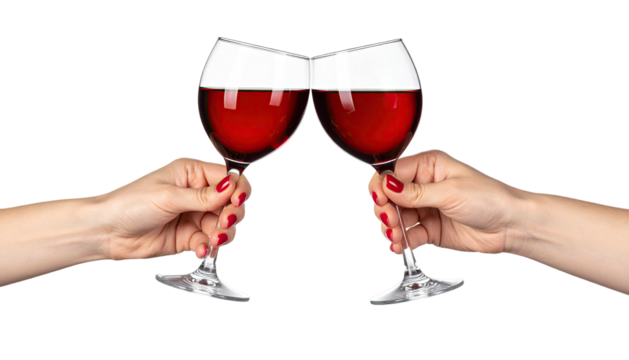 Two hands toasting red wine glasses, against a black background - Powered by Adobe