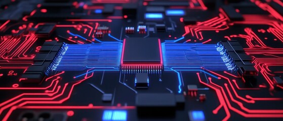 Circuit board. Neon. Computer graphics blue red color digital futuristic geometry science fiction background.