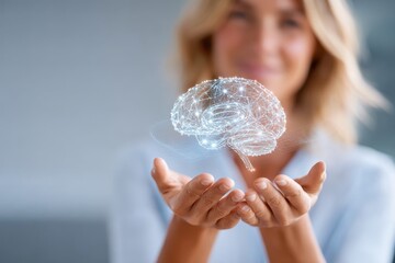 Woman holding a glowing brain illustration