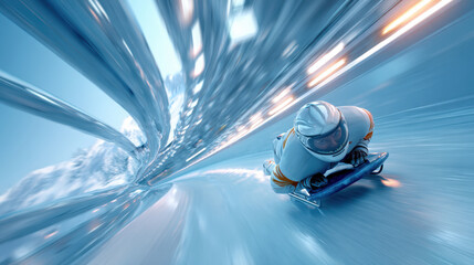 Bobsledder racing down a twisting ice track