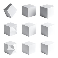 Nine white cubes shown in different geometric angles