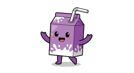 Fototapeta premium A cheerful and adorable cartoon purple milk carton with a straw, smiling happily, symbolizing fun, sweetness, and deliciousness.