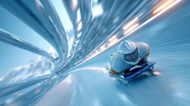 Bobsledder racing down a twisting ice track