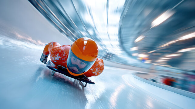 Bobsledder racing down a twisting ice track