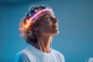 Naklejka premium Woman with glowing headband listening to music