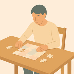 Young man assembling puzzle on wooden table