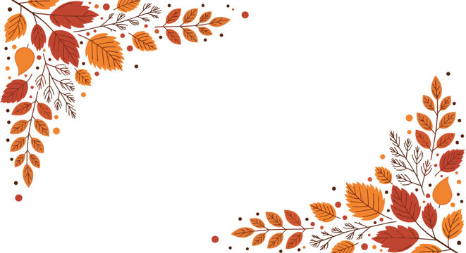 Elegant autumnal leaves and branches in vibrant red and orange forming a corner frame design on a clear white background.