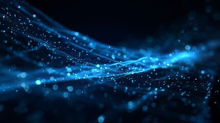 Dynamic abstract blue light particles form flowing network connections, symbolizing digital data and technology innovation