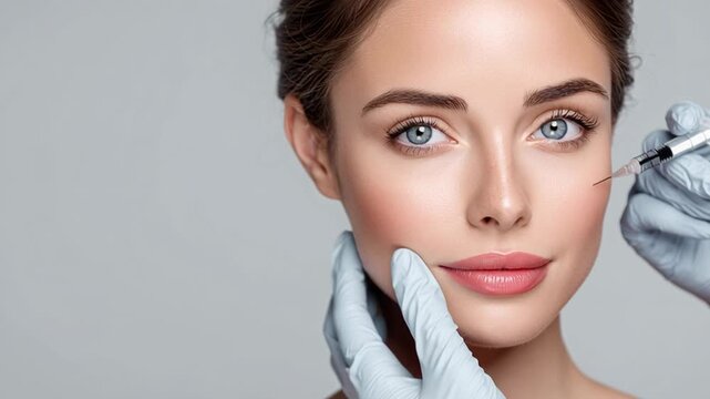 4k video of a doctor applying a filler to model's face. Concept of botox and injection for cosmetic beauty.
