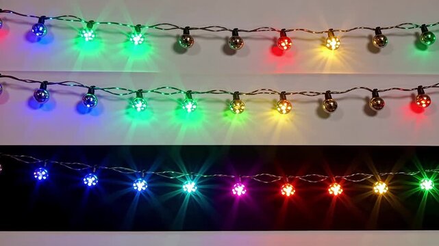 Magical multicolored string lights twinkle and glow, creating a festive, vibrant atmosphere