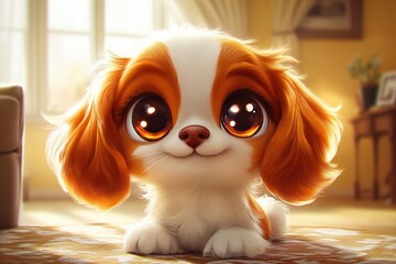 Cute fluffy puppy with big eyes in a cozy home setting
