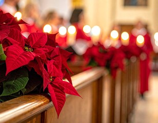 Poinsettias decorate a church pew during a Christmas service with choir members holding candles.