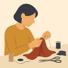 Woman sewing with needle and fabric