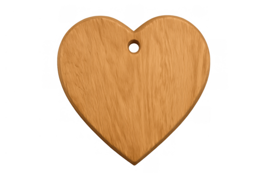 Wooden heart shape cutting board or serving plaque with hole for kitchen utensil or hanging, transparent background