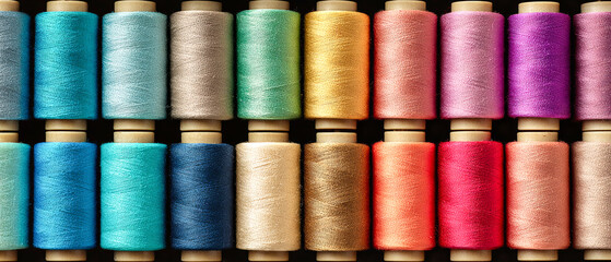 Colorful spools of thread arranged neatly on a black background for sewing and crafting activities