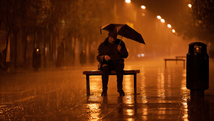 A solitary figure sits on a bench under an umbrella on a rainy night, illuminated by warm streetlights, creating a moody and atmospheric urban scene with reflections on wet ground.