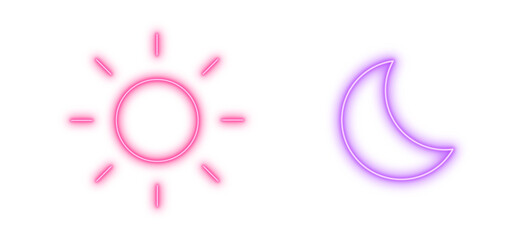 Neon sun and moon vector icons, Glowing celestial symbols, Bright day and night indicators and Luminous weather elements