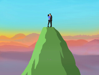 Romantic couple sharing a kiss on a scenic mountaintop at sunset