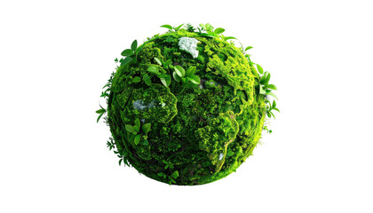 Moss-covered Earth globe with leaves against black background