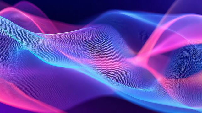 Mesmerizing abstract digital waves in vibrant neon pink and electric blue flow dynamically across a dark, ethereal background, perfect for tech and futuristic concepts.