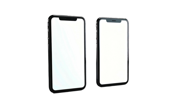 Two phones with blank screens; angled slightly on a black background