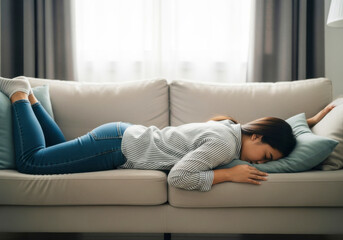 Obraz premium Exhausted Young Woman Lying Face Down on Couch at Home