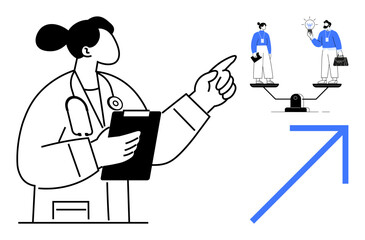 Doctor holding clipboard gesturing toward scales balancing professionals one holding a briefcase and another with a bulb. Ideal for decision-making, career comparison, strategy, innovation