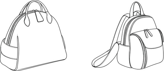 Handbag and Backpack Vector Outline Set | Fashion CAD Line Art for Bag Design Templates