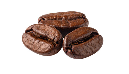 Obraz premium Three roasted coffee beans clustered, dark brown and textured