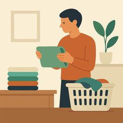 Person Folding Clothes in Room