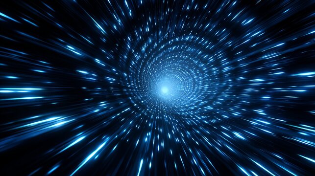 Experience the exhilarating rush of light speed travel through a vibrant blue cosmic tunnel, perfect for futuristic concepts.