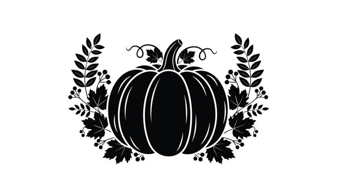 Stylized black silhouette of a pumpkin with a surrounding autumn wreath featuring diverse fall leaves and berries on a white background.