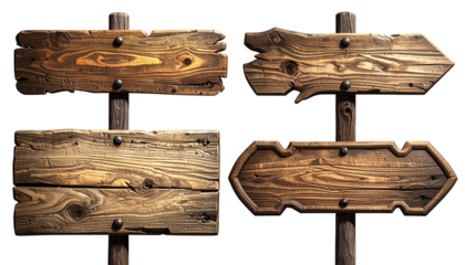 Four aged wooden signs, weathered and nailed to posts