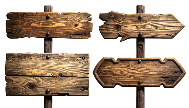 Four aged wooden signs, weathered and nailed to posts