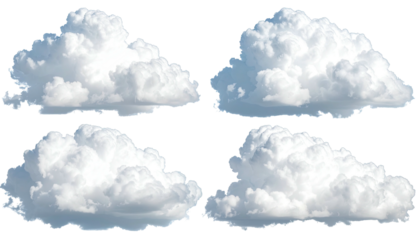 Four white, fluffy, puffy clouds isolated on a transparent background