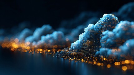 Dynamic digital cityscape at night, glowing with vibrant blue and gold lights, symbolizing innovation and future growth for technology and business