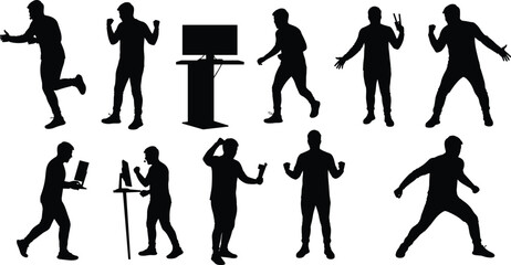 Businessman silhouette collection, male figures in action, working, presenting, celebrating, using laptop and microphone, office people poses, isolated illustration, vector
