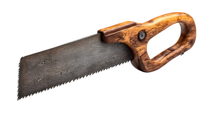 Handsaw with wooden handle, isolated on transparent background, natural shadows