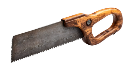Handsaw with wooden handle, isolated on transparent background, natural shadows