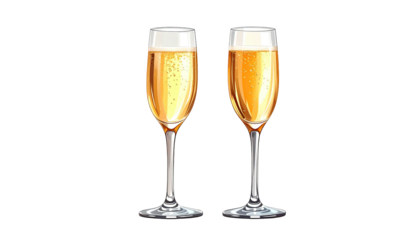 Two champagne flutes filled with golden bubbly liquid on black