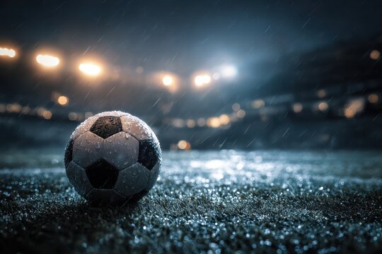 Wet soccer ball rests on neon lit grass field under bright stadium lights during nighttime rain