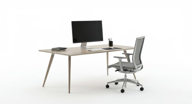 Modern office workstation setup featuring a computer monitor and ergonomic seating against a white background