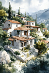 Charming hillside village watercolor illustration