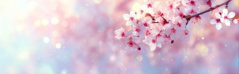 Cherry Blossom Branch with Bokeh Lights and Pink Background.