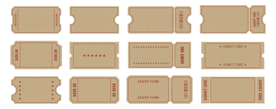 A set of blank, brown kraft paper vintage-style tickets with red outlines and perforations