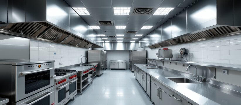 Modern stainless steel kitchen with appliances and organized workspace. - Powered by Adobe